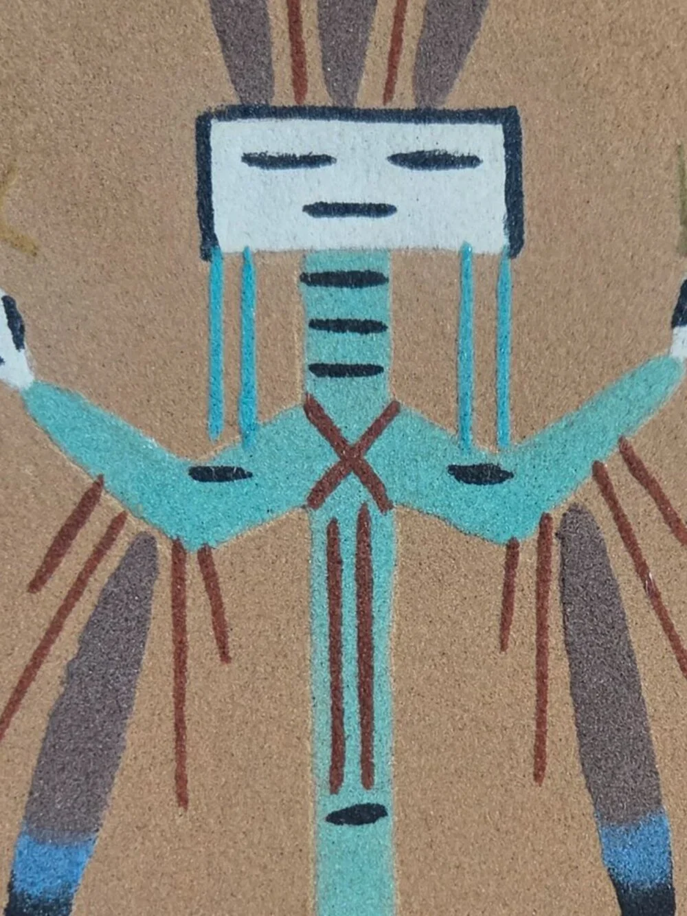 vintage Navajo sand art depicting Yei holy person figure framed